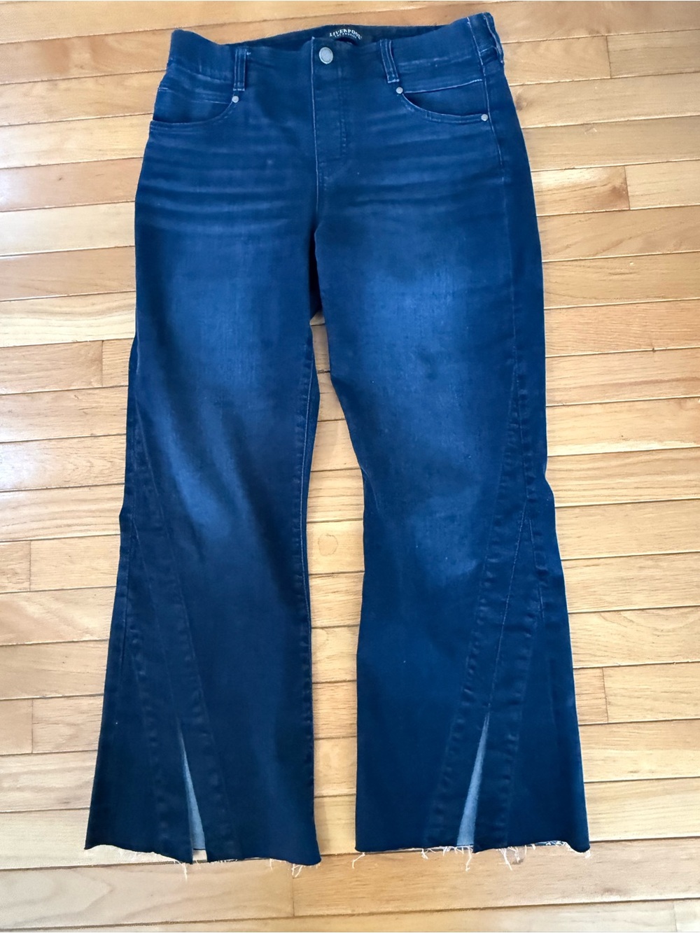 Liverpool Gia Glider Crop Flare Jeans Dark Blue Split Raw Hem Size 10/30